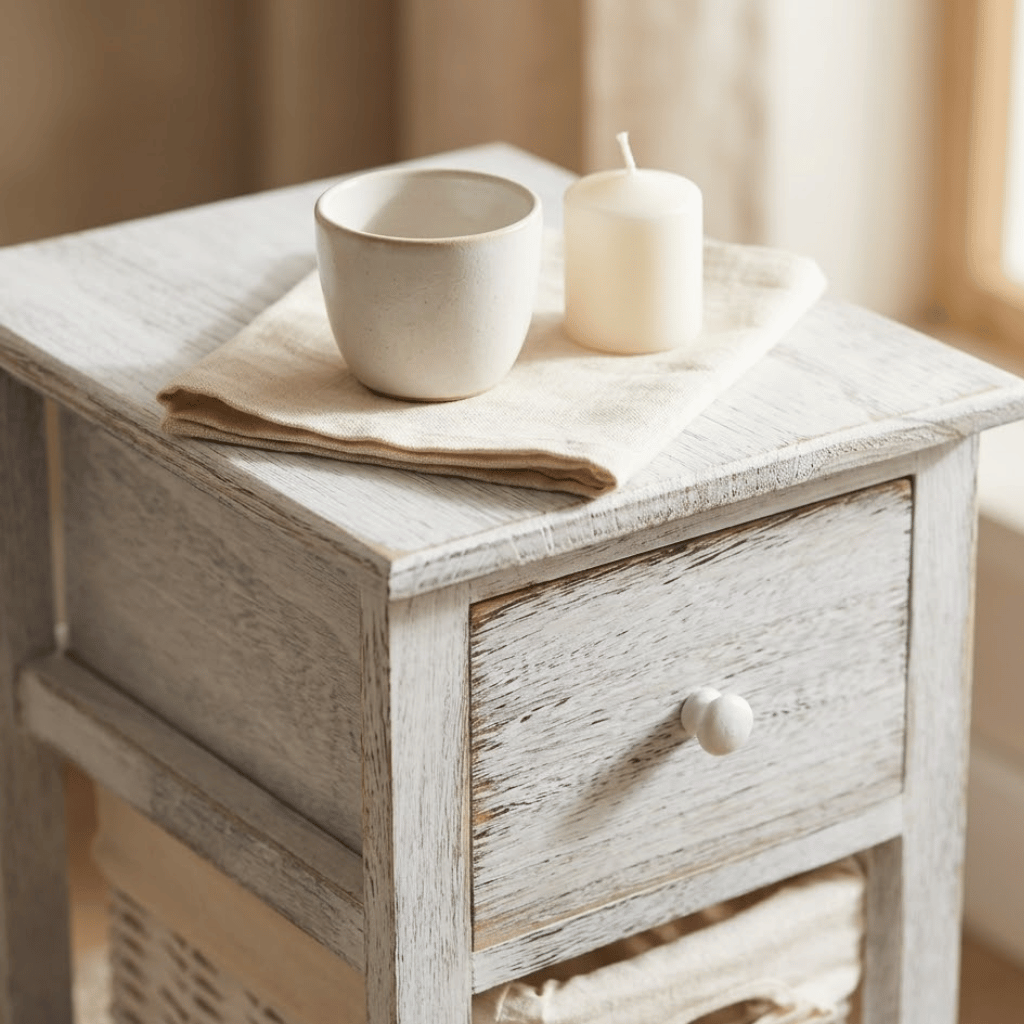 Detail panier osier table chevet blanc - tressage naturel rangement chambre