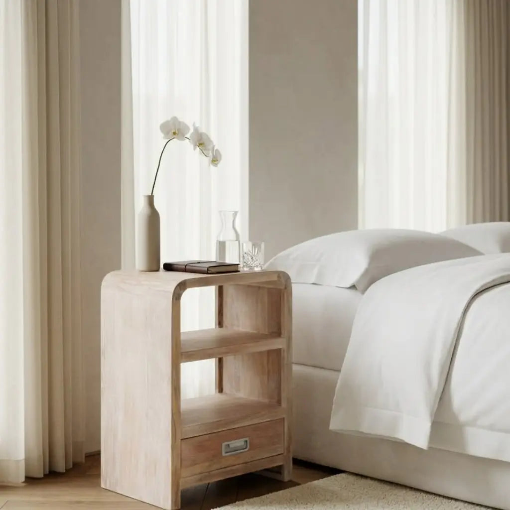Table de chevet acacia massif blanchi — 2 niches, 1 tiroir, 40×30×60 cm | Elymnora Elymnora