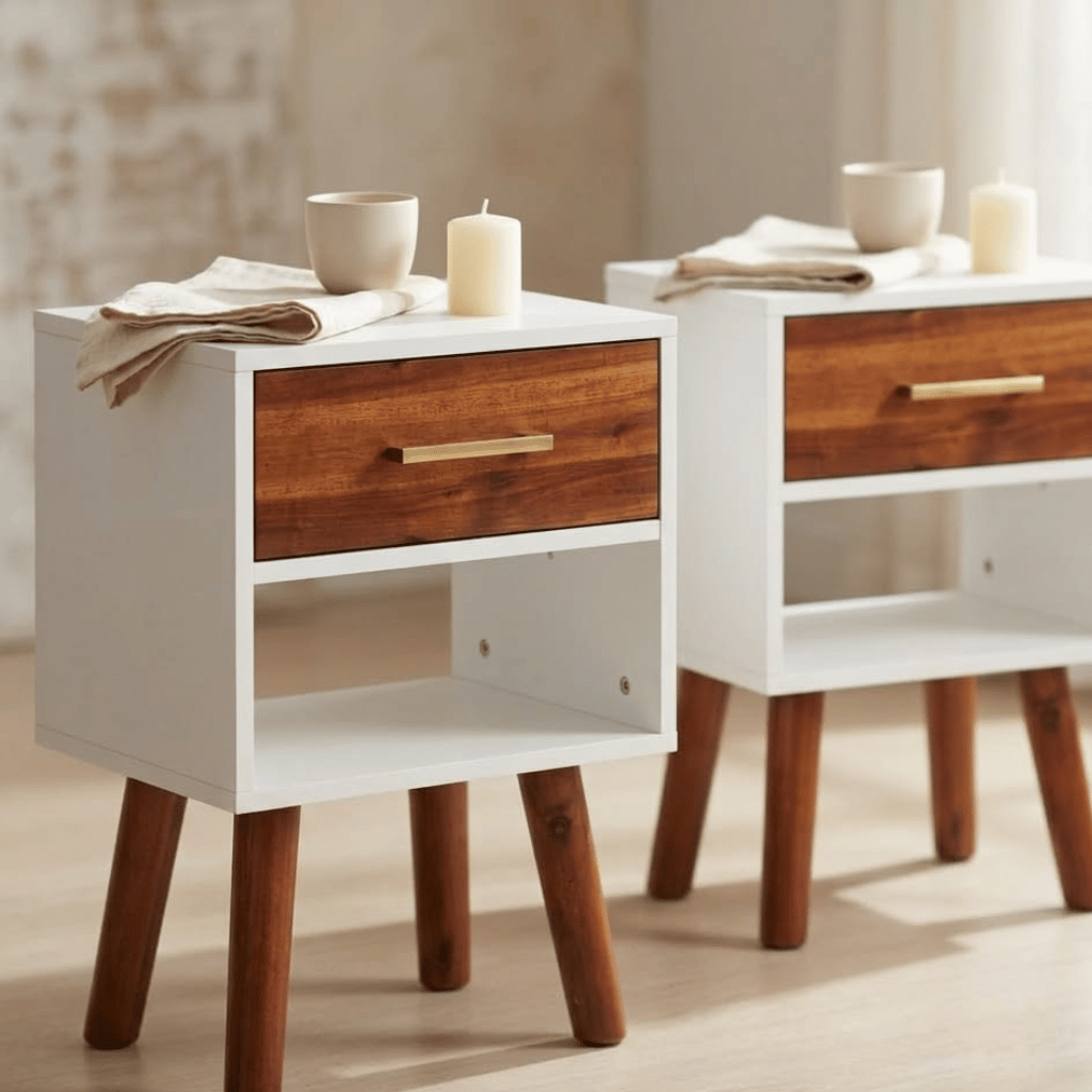 Detail bicolore table de chevet acacia - finition blanc et bois naturel chambre