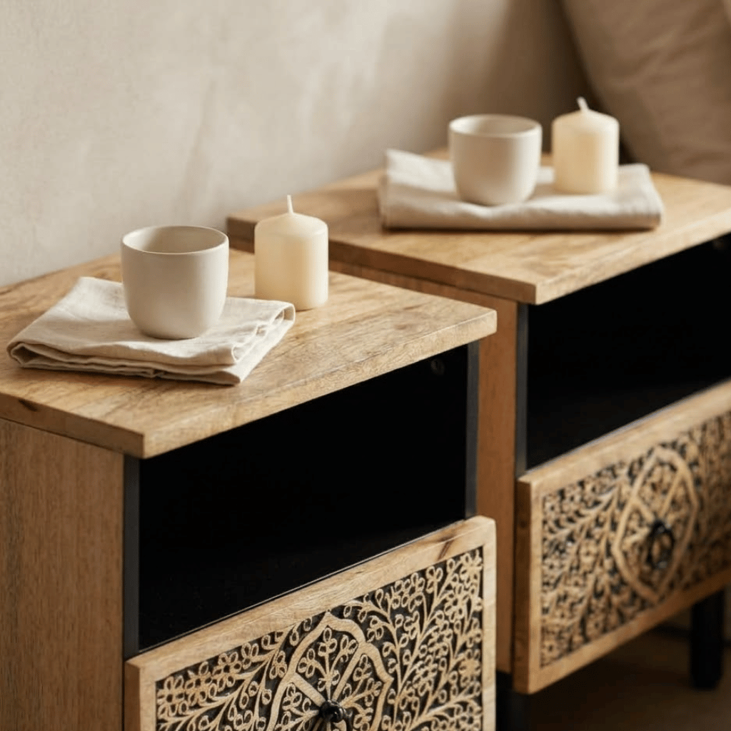 Detail sculpté floral table chevet manguier massif - motif artisanal chambre