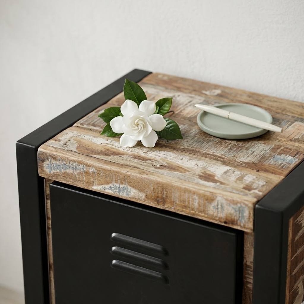 Detail tiroir peint sur table de chevet bois multicolore - couleurs artisanales decoration