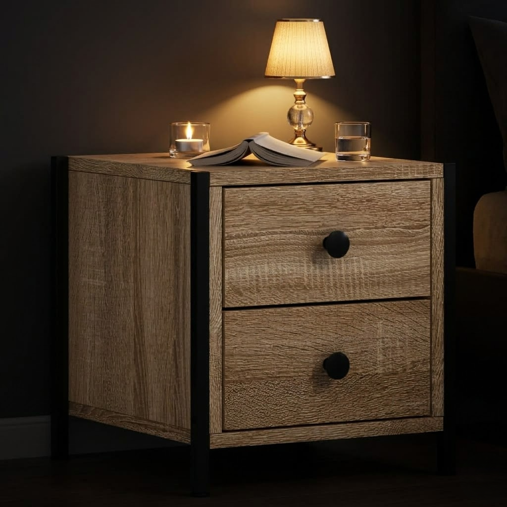 Detail 2 tiroirs chene sonoma sur table de chevet - tons chauds et cadre fer chambre