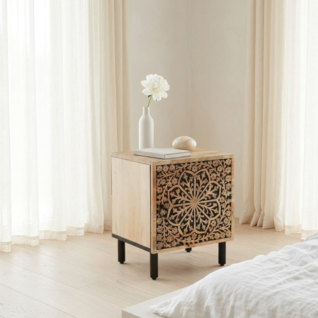 Detail motif floral sculpte sur table de chevet manguier - artisanat decoratif chambre