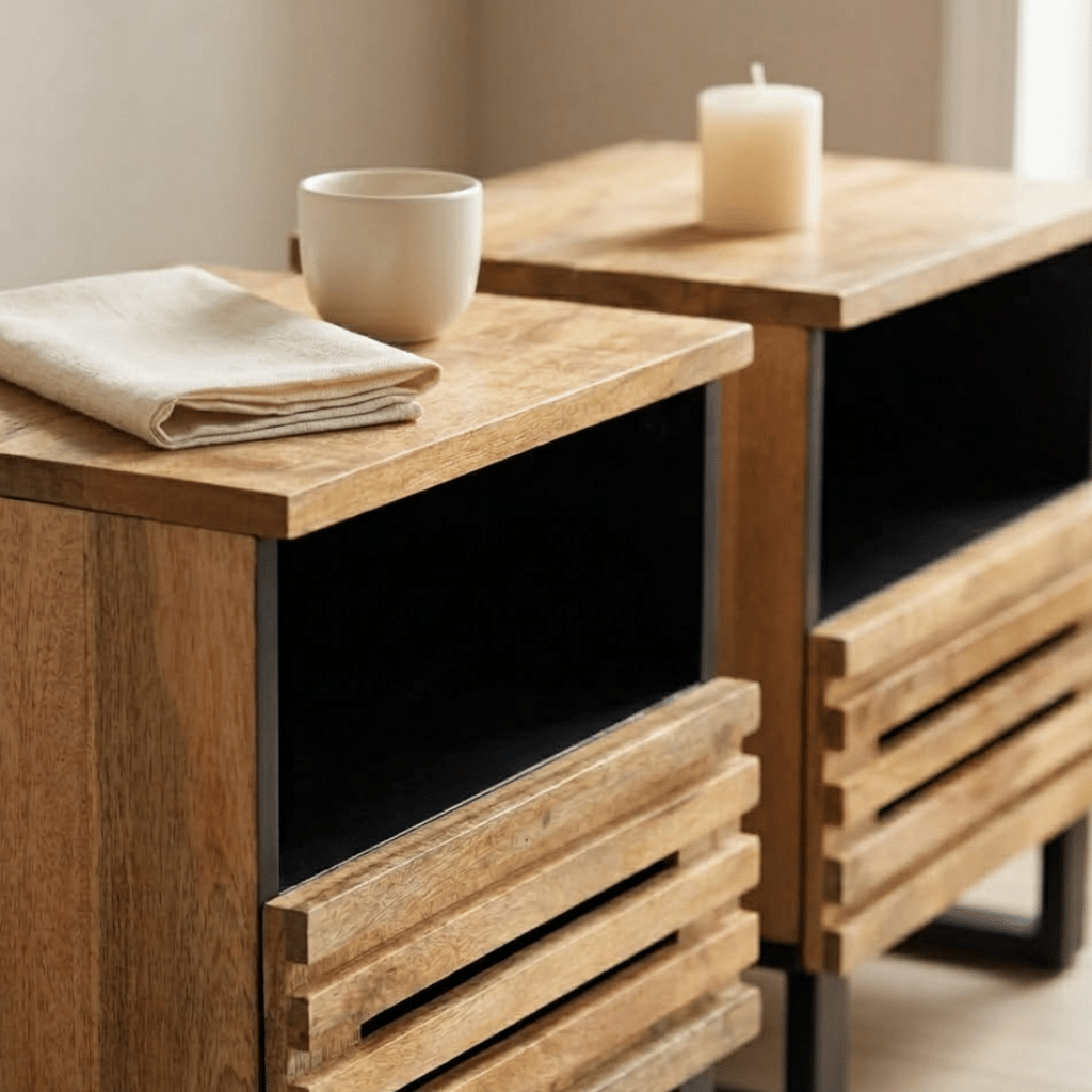 Detail tiroir table chevet manguier brut - niche ouverte rangement chambre