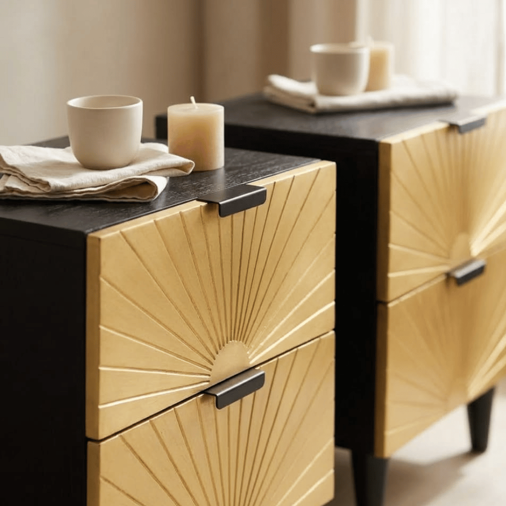 Detail tiroirs tables chevet noir et or - finition dorée premium chambre art déco