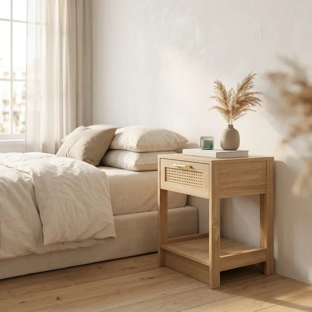 Detail tiroir aspect rotin sur table de chevet chene naturel - texture tressee et bois
