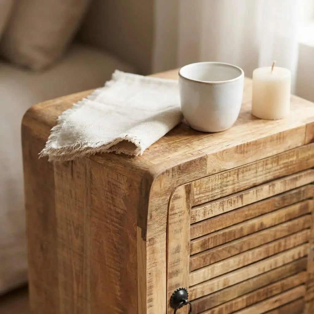 Detail porte a lamelles sur table de chevet manguier brut - bois naturel et aeration