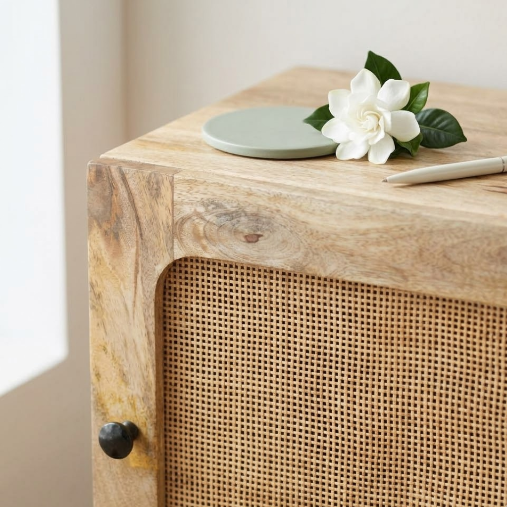 Detail rotin naturel sur table de chevet manguier pieds metal - texture tressee et bois