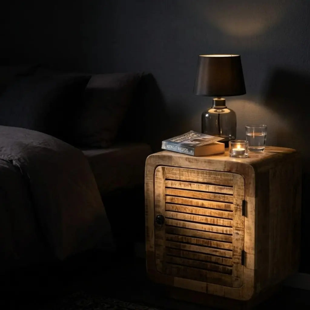 Lamelles bois manguier brut sur table de chevet - texture naturelle et design aere chambre