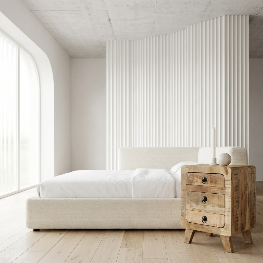 Texture manguier brut sur table de chevet - veinage naturel et tons chauds bois massif chambre