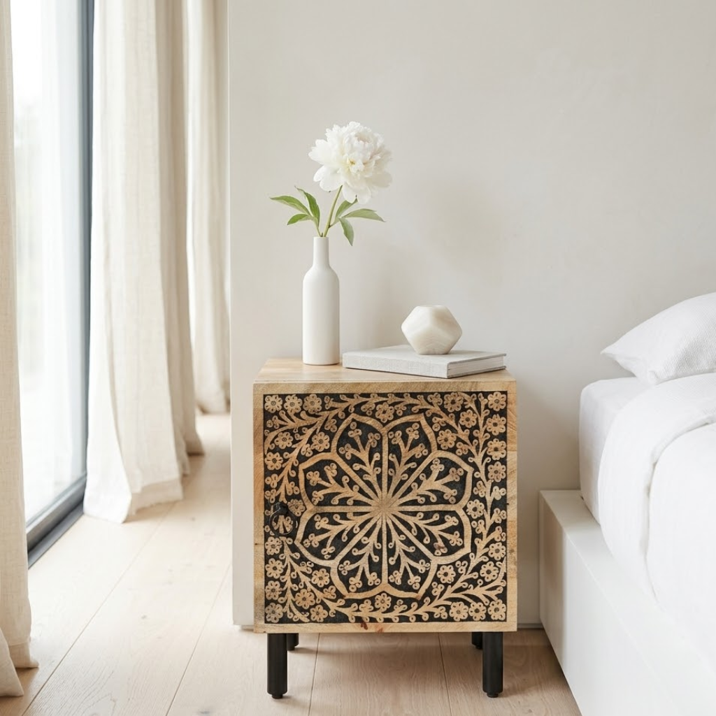 Gros plan sculpture florale table de chevet manguier - motif artisanal bois naturel