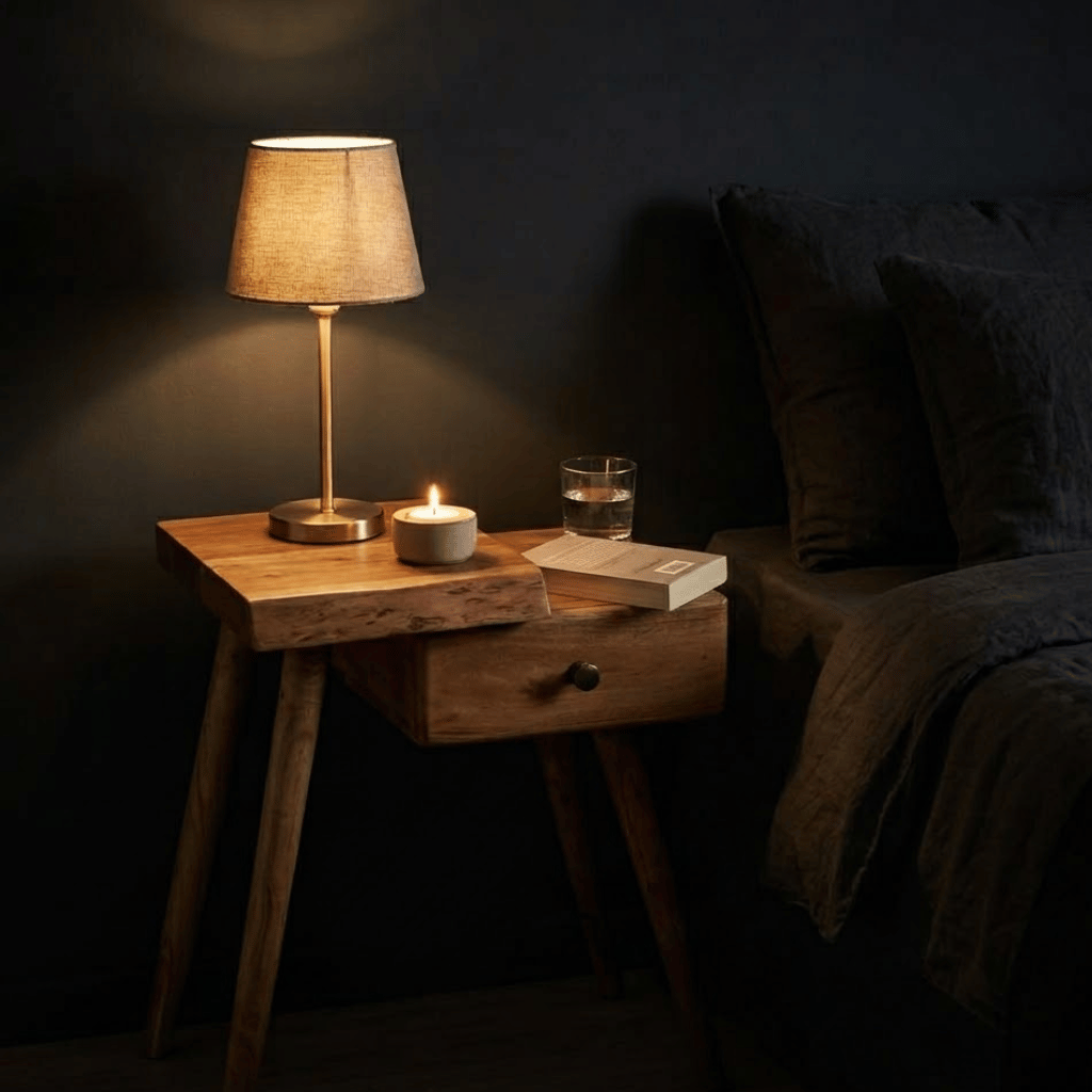 Texture acacia massif table de chevet - veinage naturel unique chambre japandi