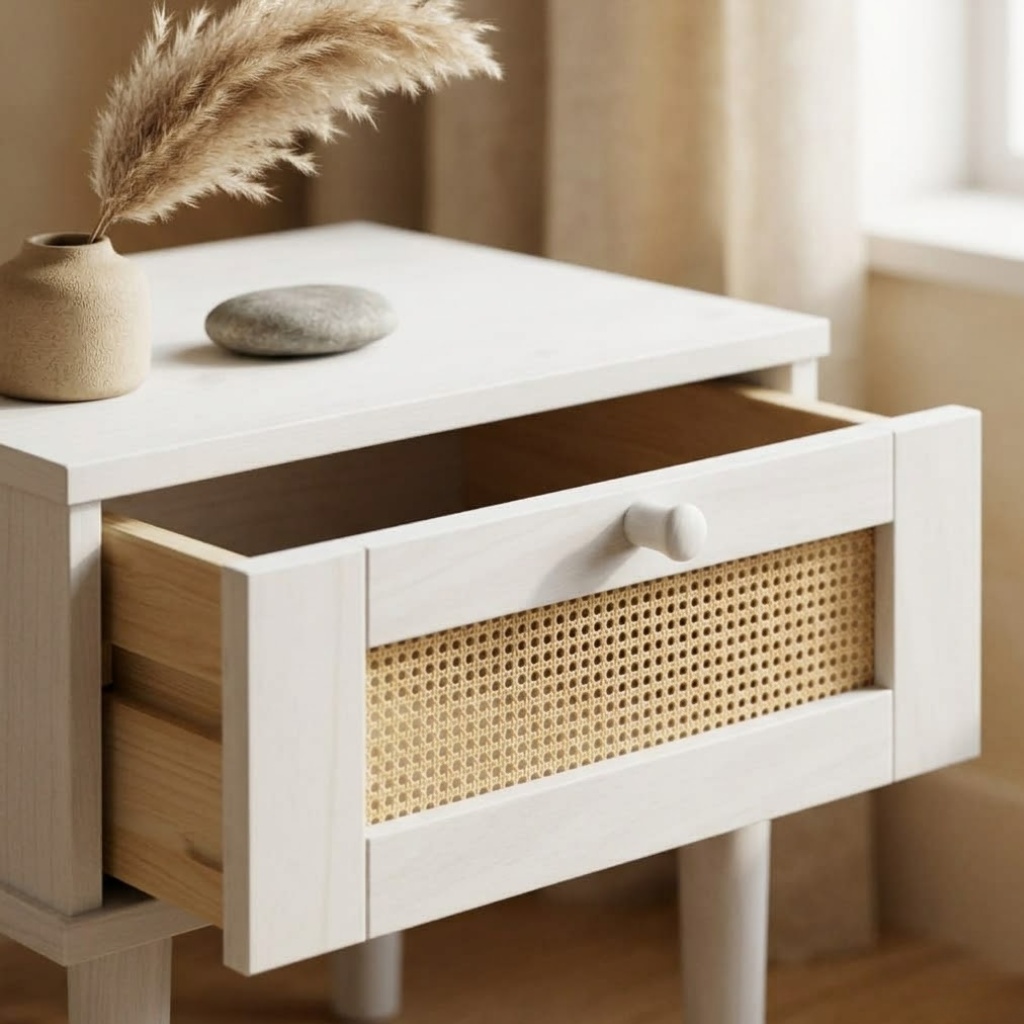 Facade rotin tresse blanc sur table de chevet pin massif - artisanat style boheme chambre