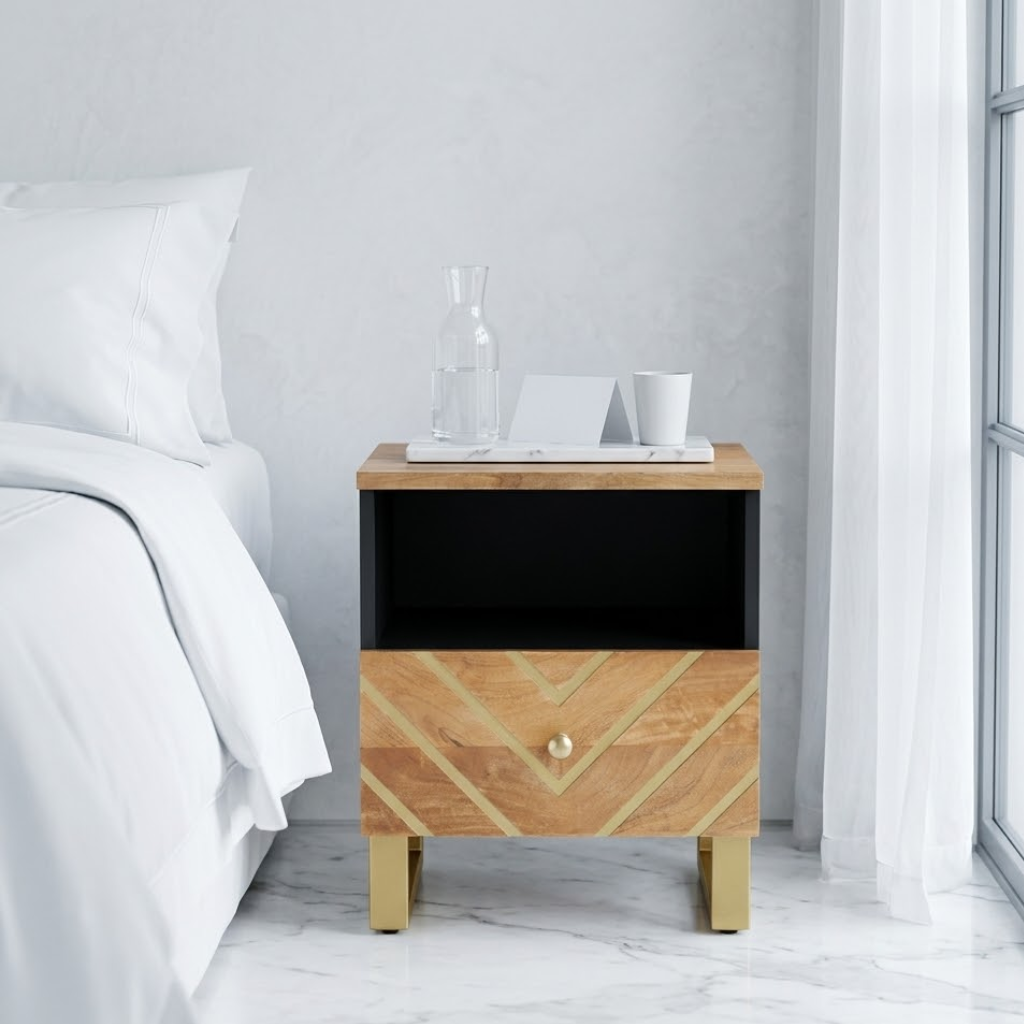 Table de chevet manguier noir et laiton en situation chambre - design luxueux moderne