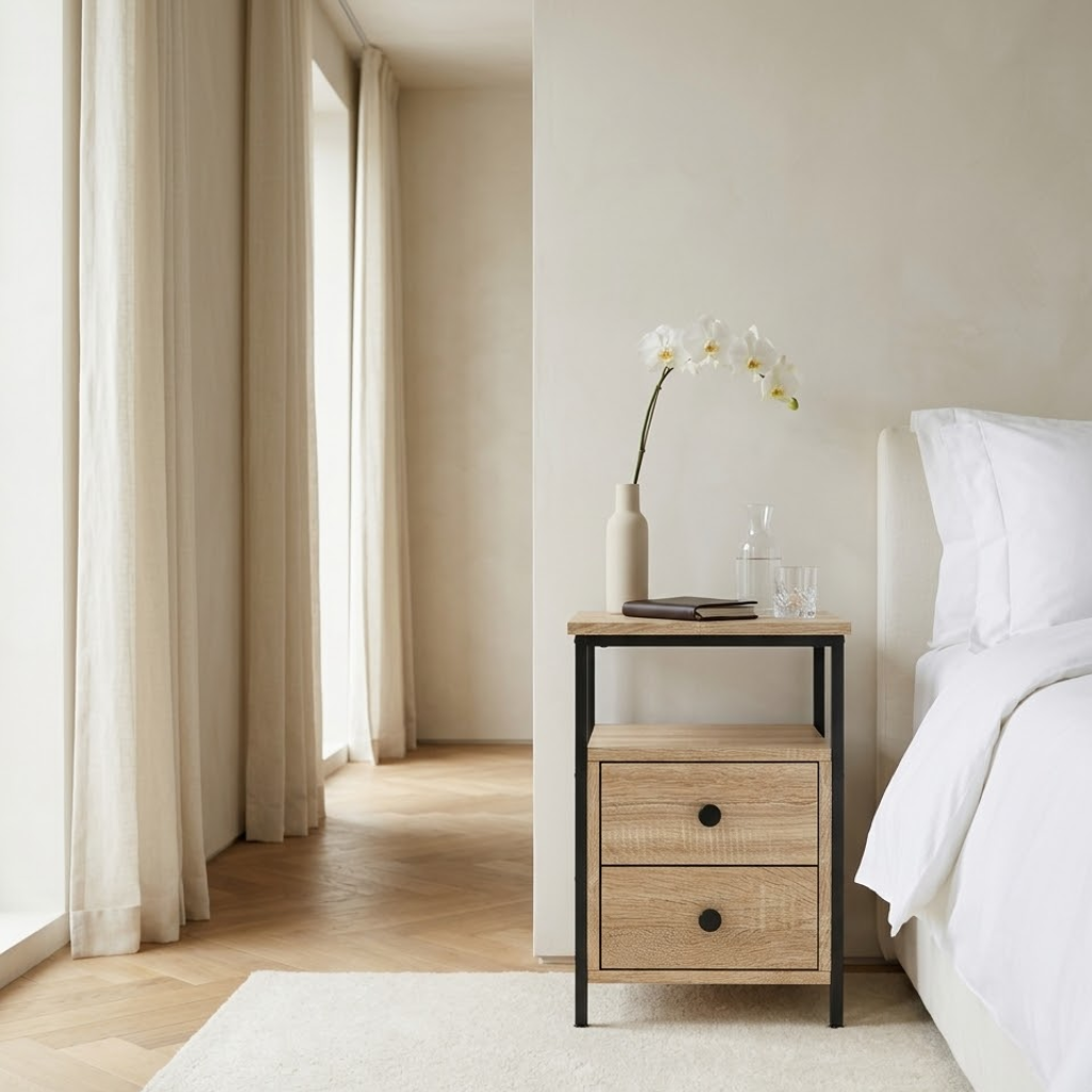 Texture chene sonoma de la table de chevet design - tons chauds et veinage naturel chambre