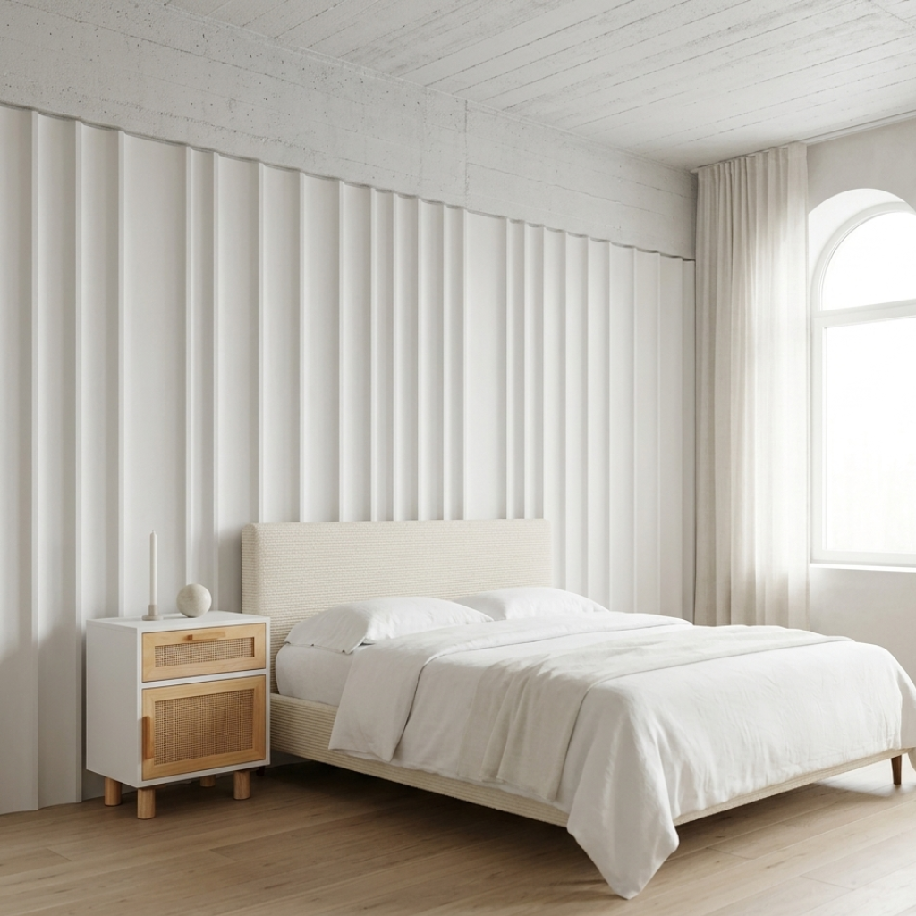Tiroir et porte rotin sur table de chevet blanche pin - texture tressee naturelle chambre
