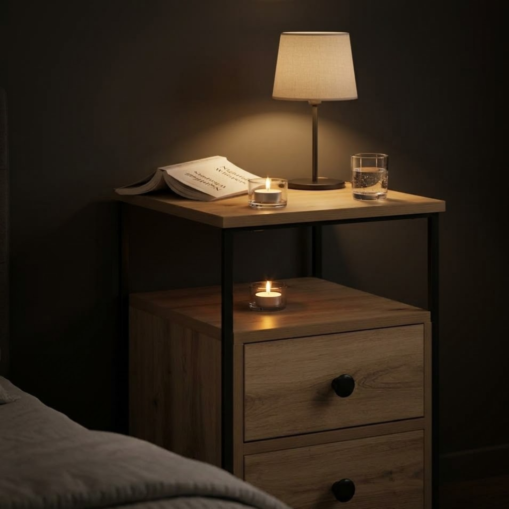 Texture chene artisanal de la table de chevet design - grain naturel et pieds metal chambre