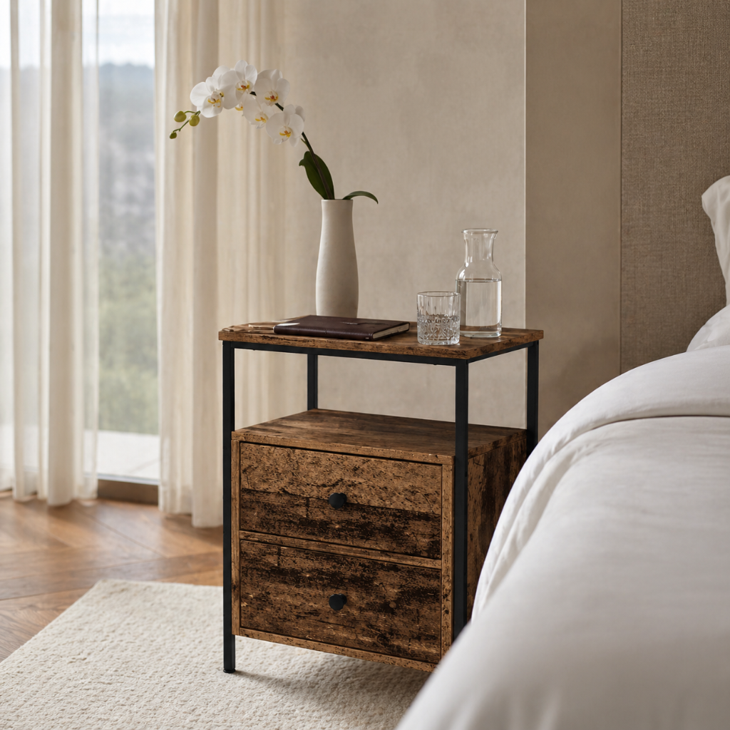 Texture vieux bois de la table de chevet design - grain vieilli et structure metal chambre