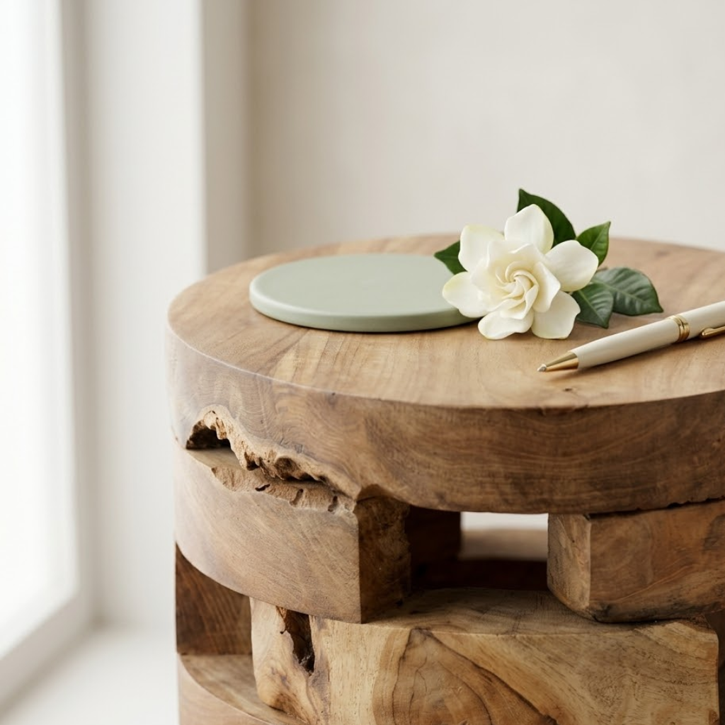 Texture teck massif sculpte de la table de chevet - grain sombre et decoration naturelle