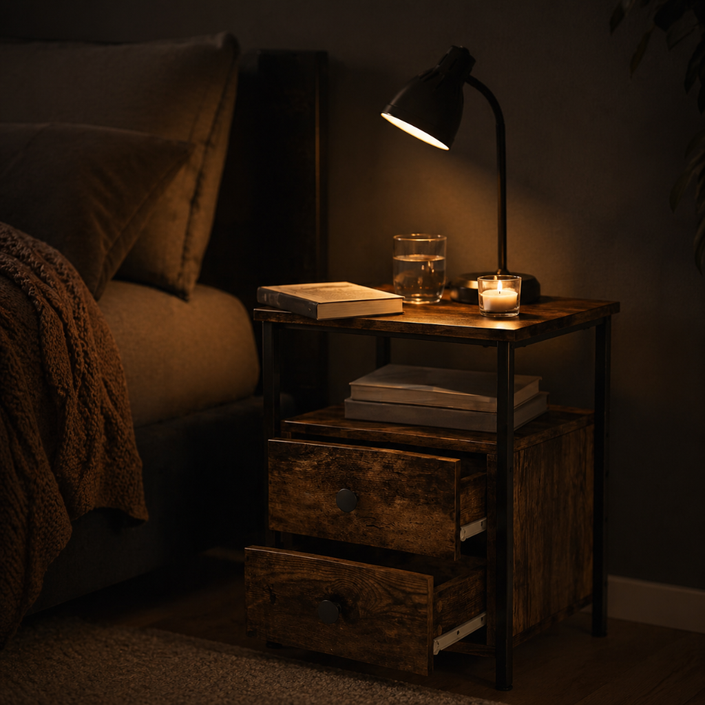 Texture chene fume sur table de chevet design - veinage sombre et structure metal chambre