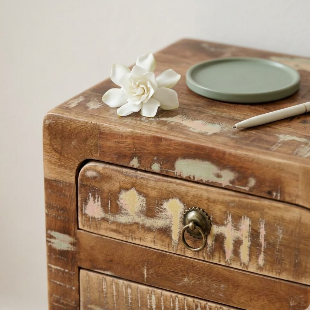 Texture bois de recuperation sur table de chevet 3 tiroirs - veinage et patine naturelle
