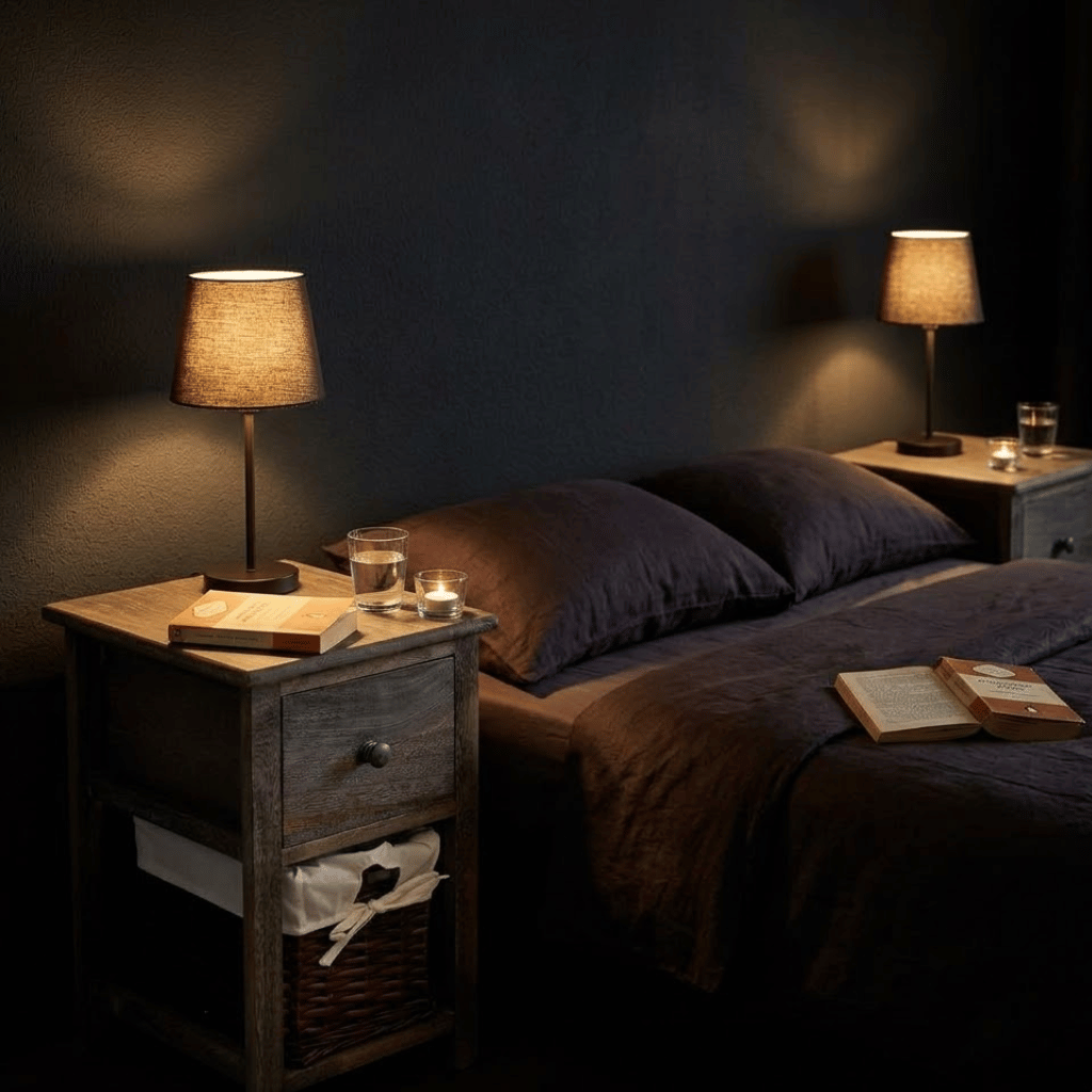 Texture osier bois marron table chevet - vannerie naturelle ton chaud chambre