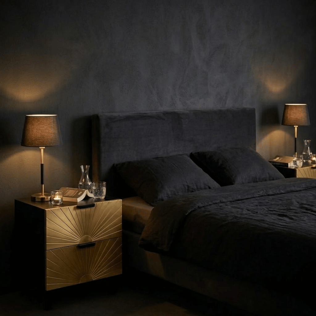 Finition noir et or tables chevet design - laiton et laque noire chambre luxe