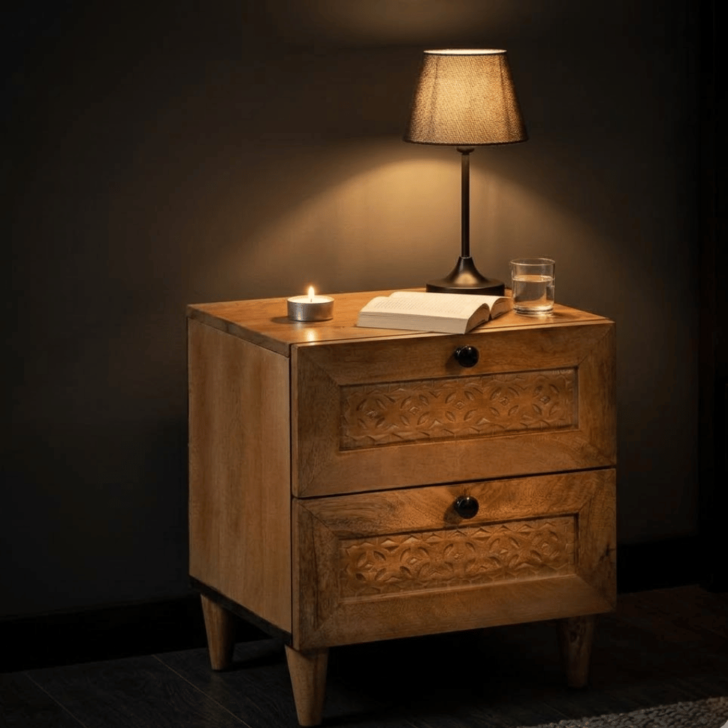 Texture bois marron clair table de chevet - finition contemporaine chambre design