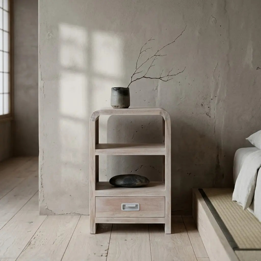 Table de chevet acacia massif blanchi — 2 niches, 1 tiroir, 40×30×60 cm | Elymnora Elymnora