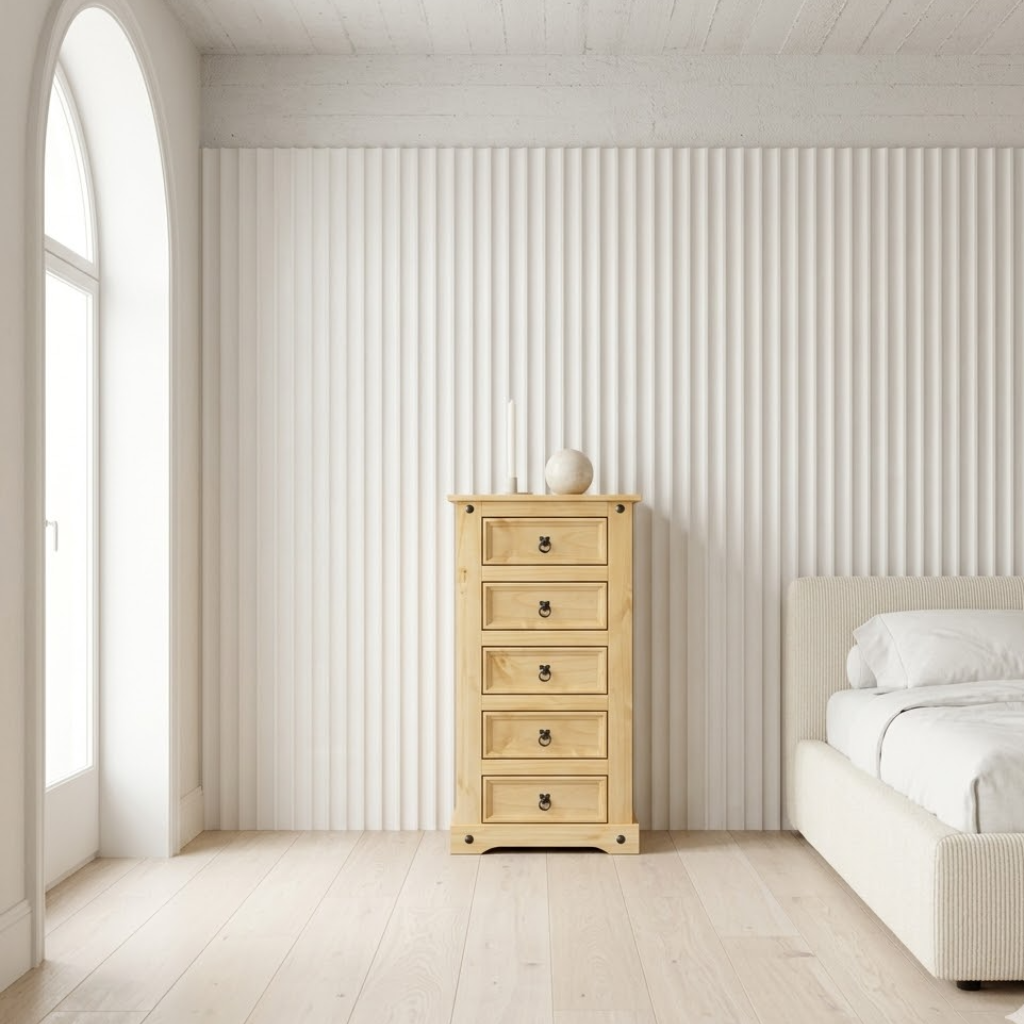 Texture pin massif corona sur table de chevet - grain naturel et finition rustique chambre