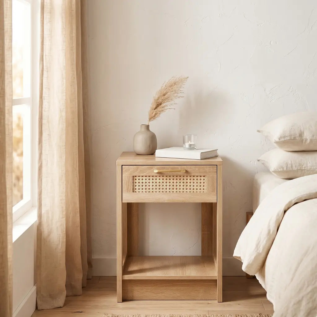 Facade rotin et chene naturel de la table de chevet - texture mixte decoration chambre