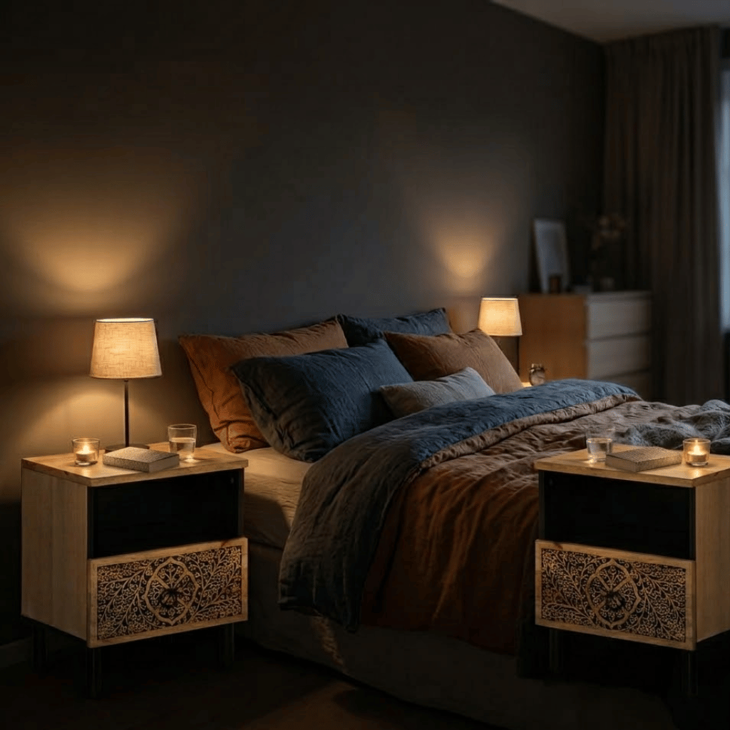 Motif floral sculpté sur table chevet manguier - artisanat naturel chambre