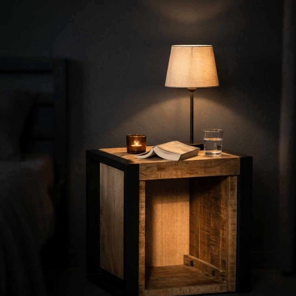 Detail surface table chevet manguier brut 40x35x40 - grain massif naturel chambre