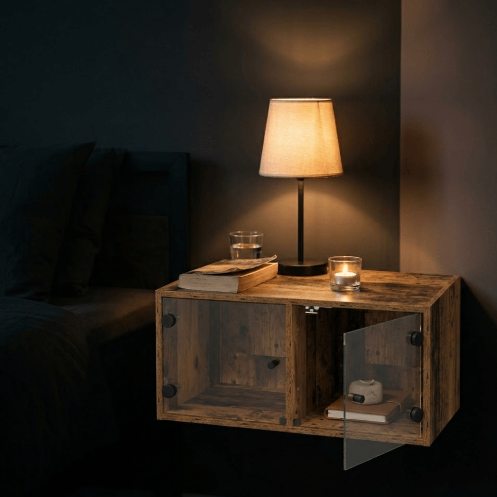 Detail portes verre table chevet suspendue chêne sonoma - rangement chambre