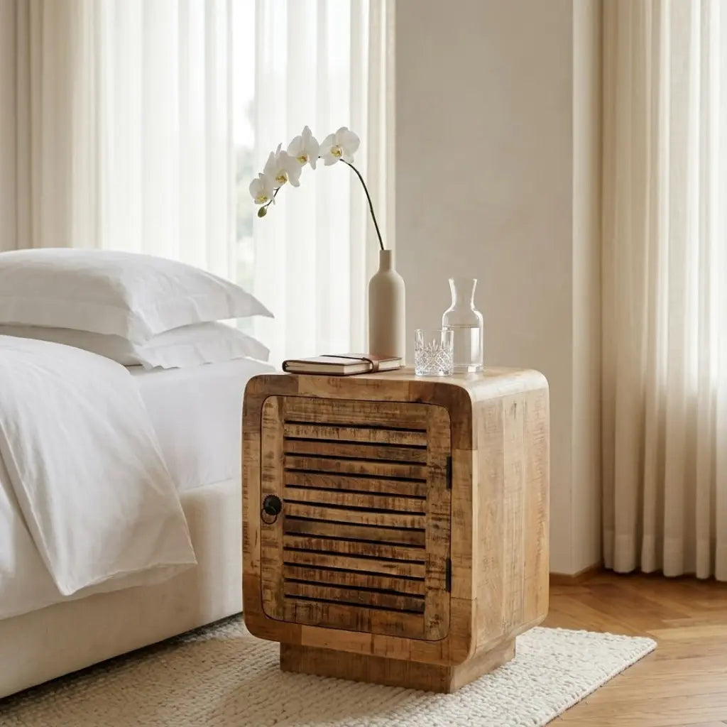 Table de chevet manguier porte lamelles en chambre - ambiance naturelle et rangement