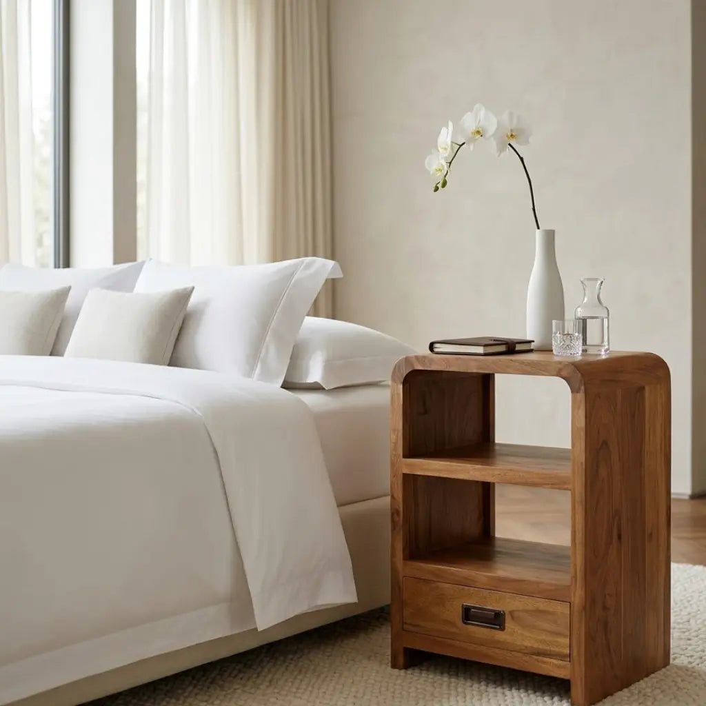 Table de chevet acacia massif finition miel — 2 niches, 1 tiroir, 40×30×60 cm | Elymnora Elymnora