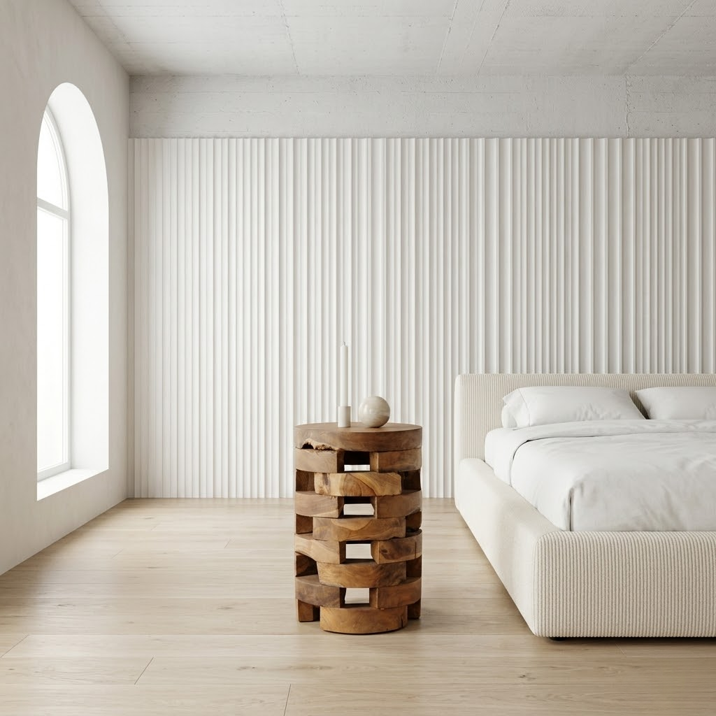 Table de chevet teck sculpte en situation chambre - forme organique ambiance naturelle