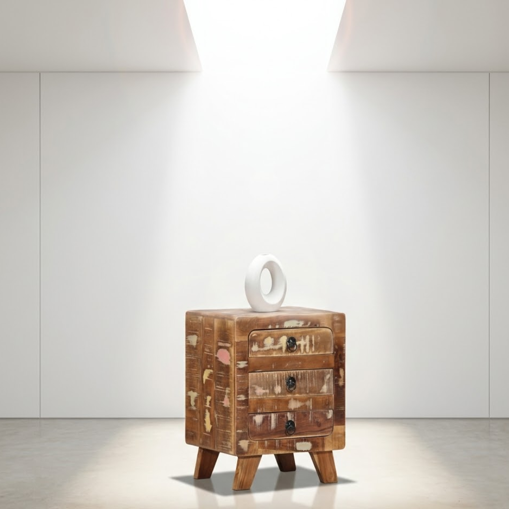 Table de chevet bois recuperation en situation chambre - ambiance industrielle naturelle