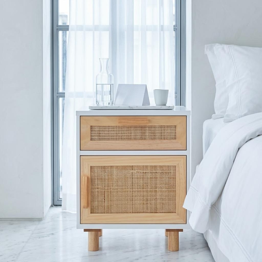 Table de chevet blanche rotin naturel en situation chambre - ambiance naturelle boheme