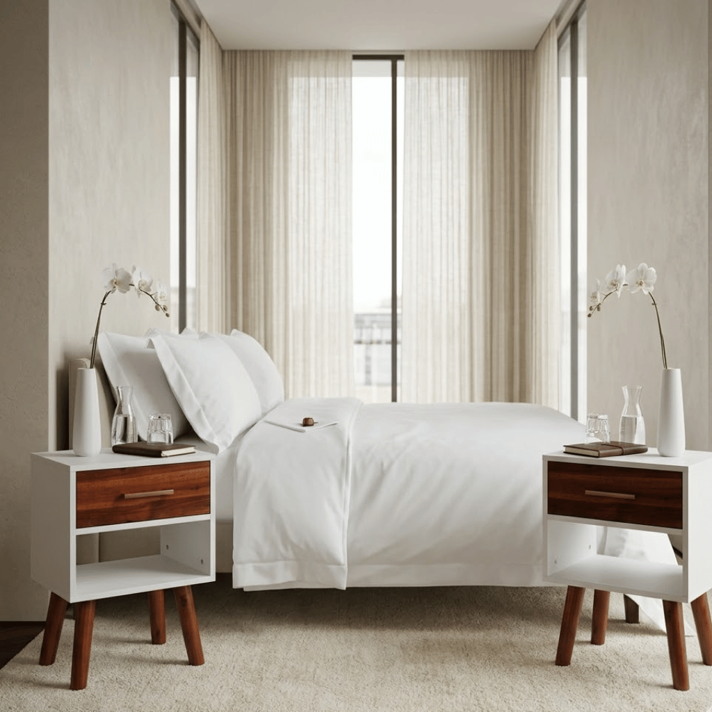 Tables de chevet acacia bicolore en chambre - duo bord de mer style scandinave
