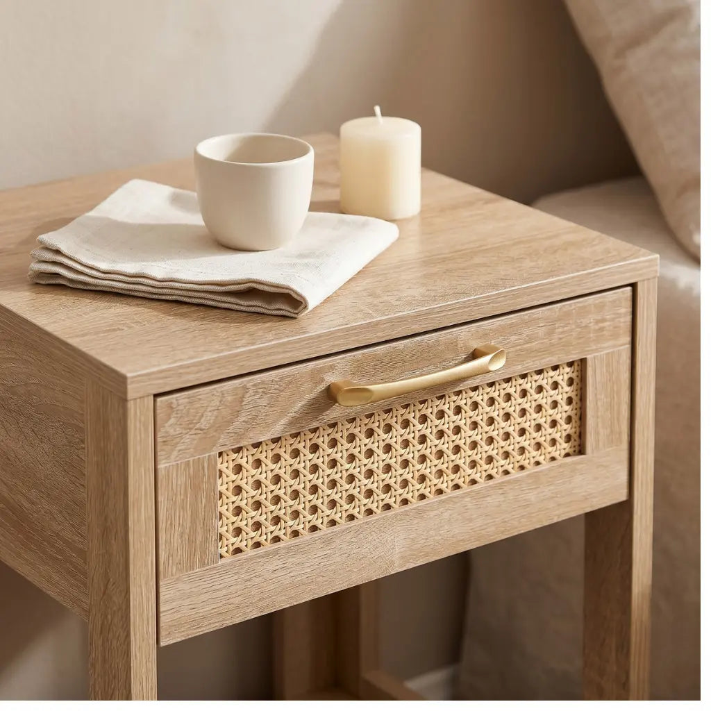 Table de chevet chene naturel rotin en situation chambre - style scandinave naturel
