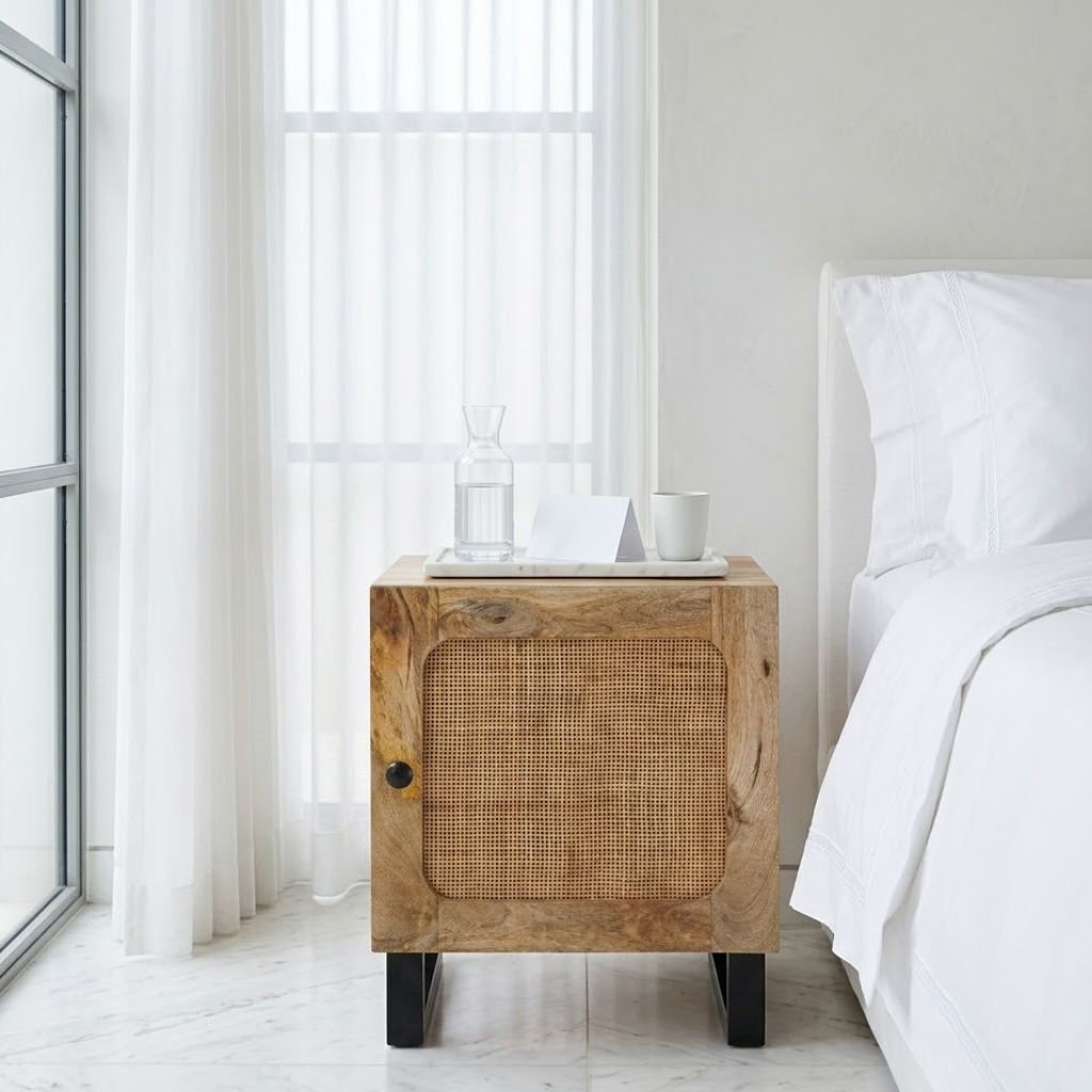 Table de chevet rotin manguier pieds noirs en chambre - ambiance naturelle boheme
