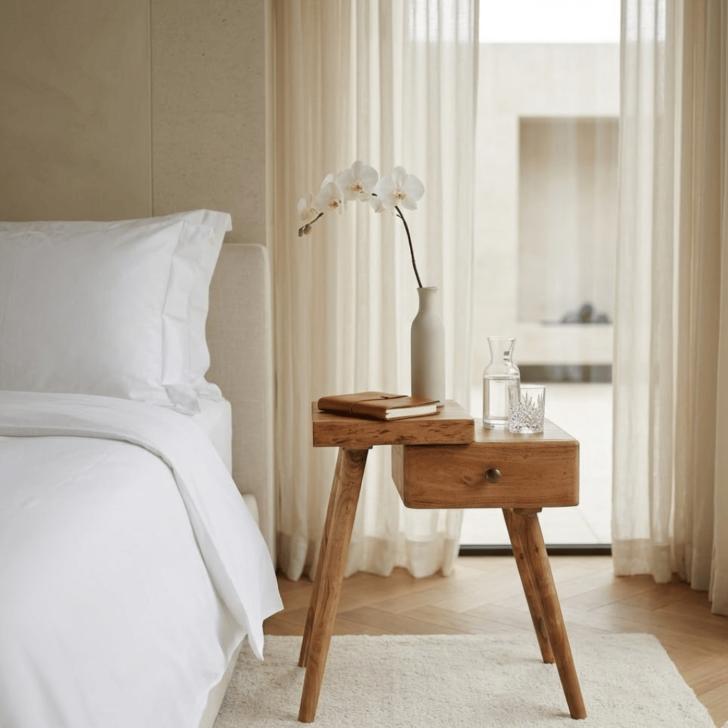 Table chevet acacia massif en chambre - style scandinave naturel épuré bois