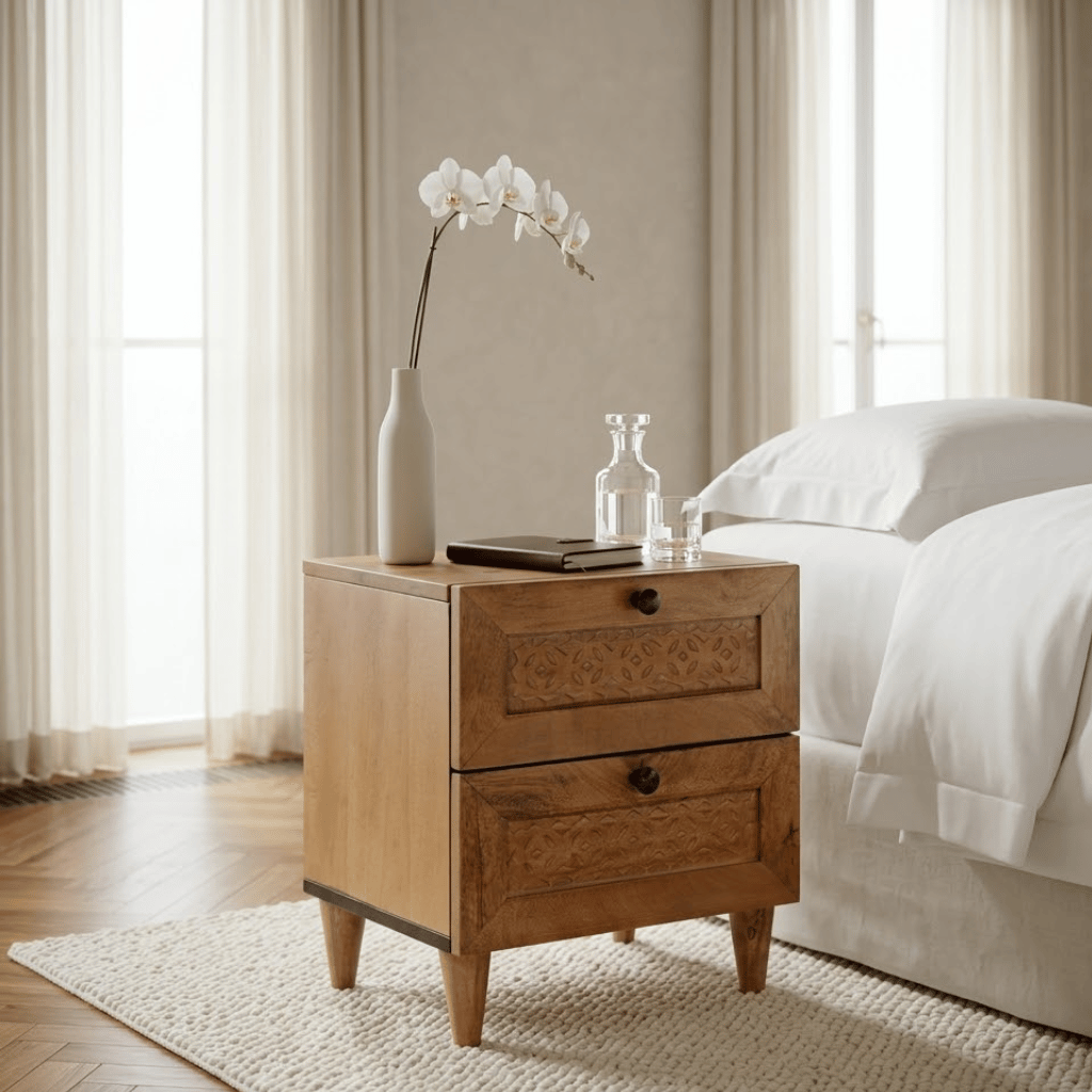 Table chevet marron clair en chambre - style minimaliste contemporain scandinave