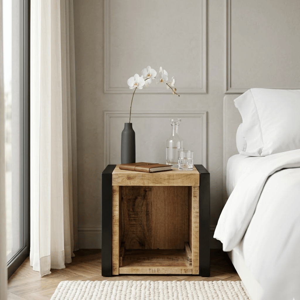 Texture manguier brut massif cube table chevet - veinage chambre bohème japandi