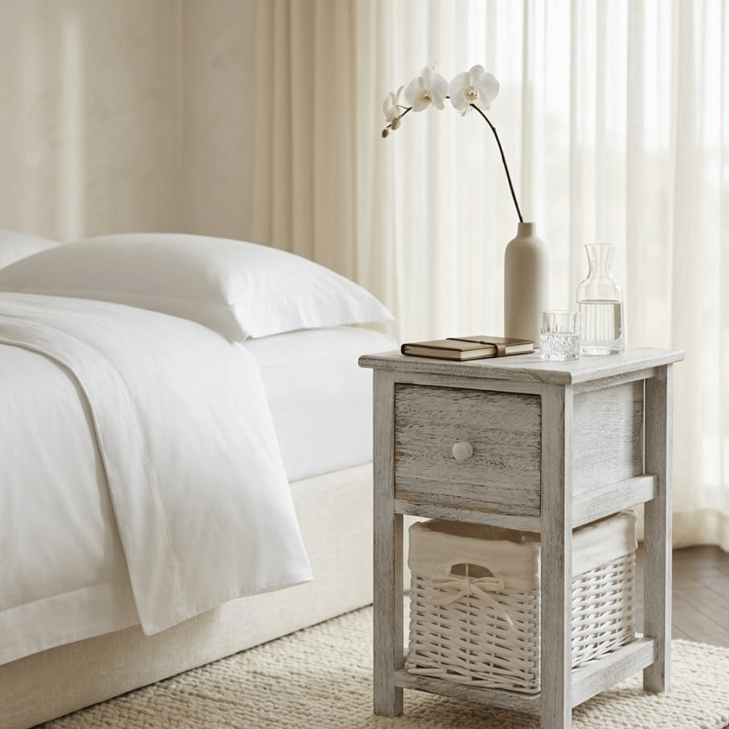 Table de chevet osier bois blanc en chambre - style bohème naturel et cosy