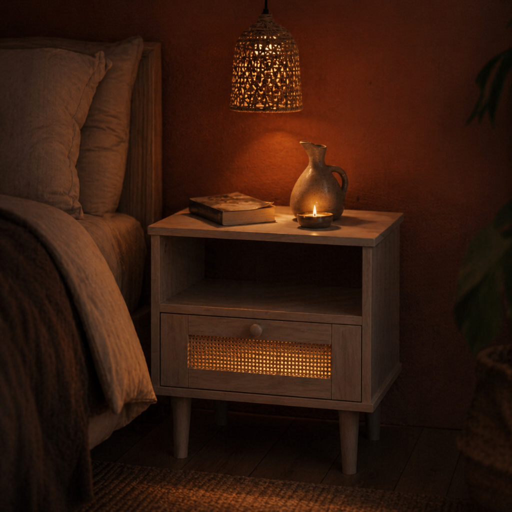 Table de chevet blanche rotin en situation chambre - ambiance boheme et naturelle