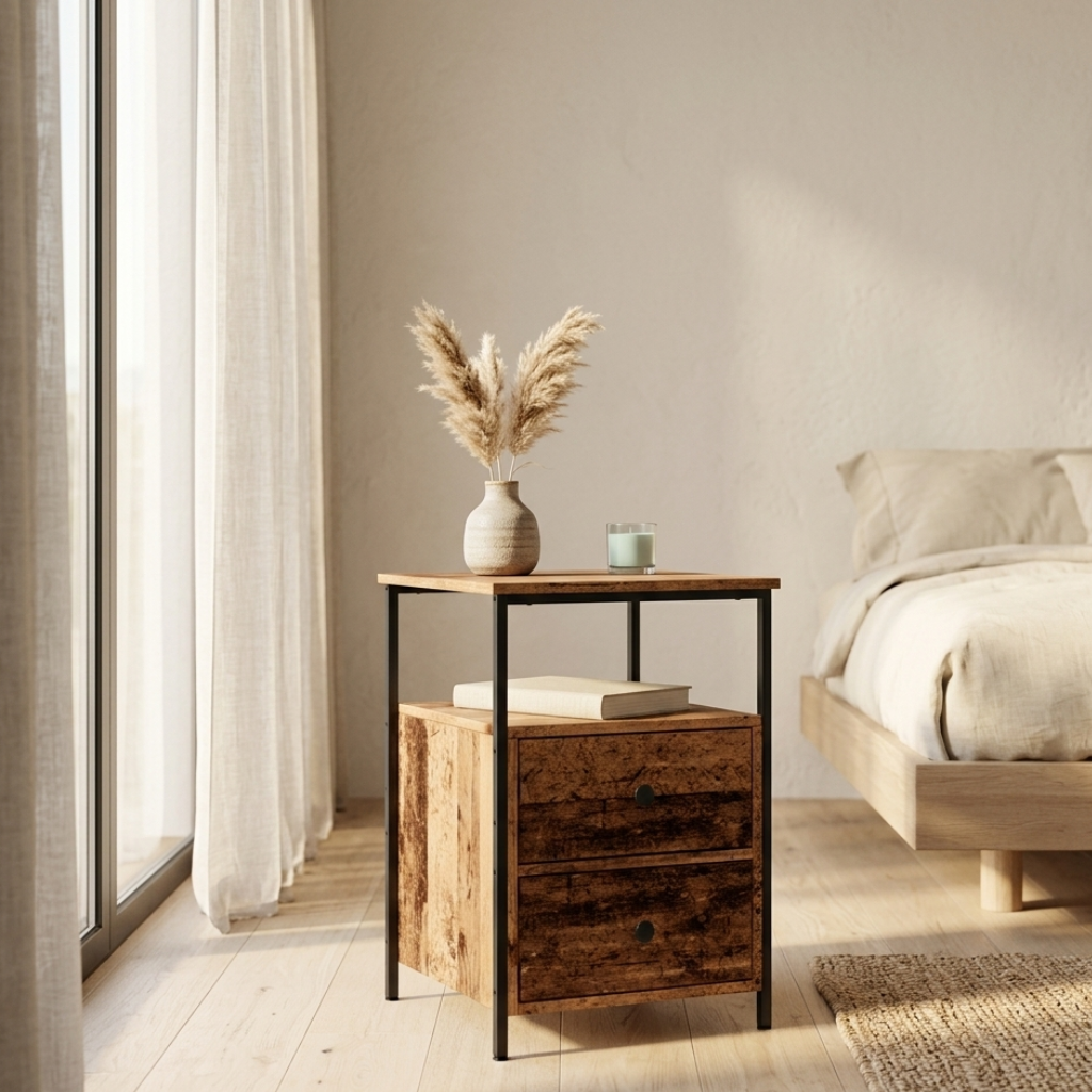 Table de chevet vieux bois cadre metal en chambre - ambiance rustique et industrielle