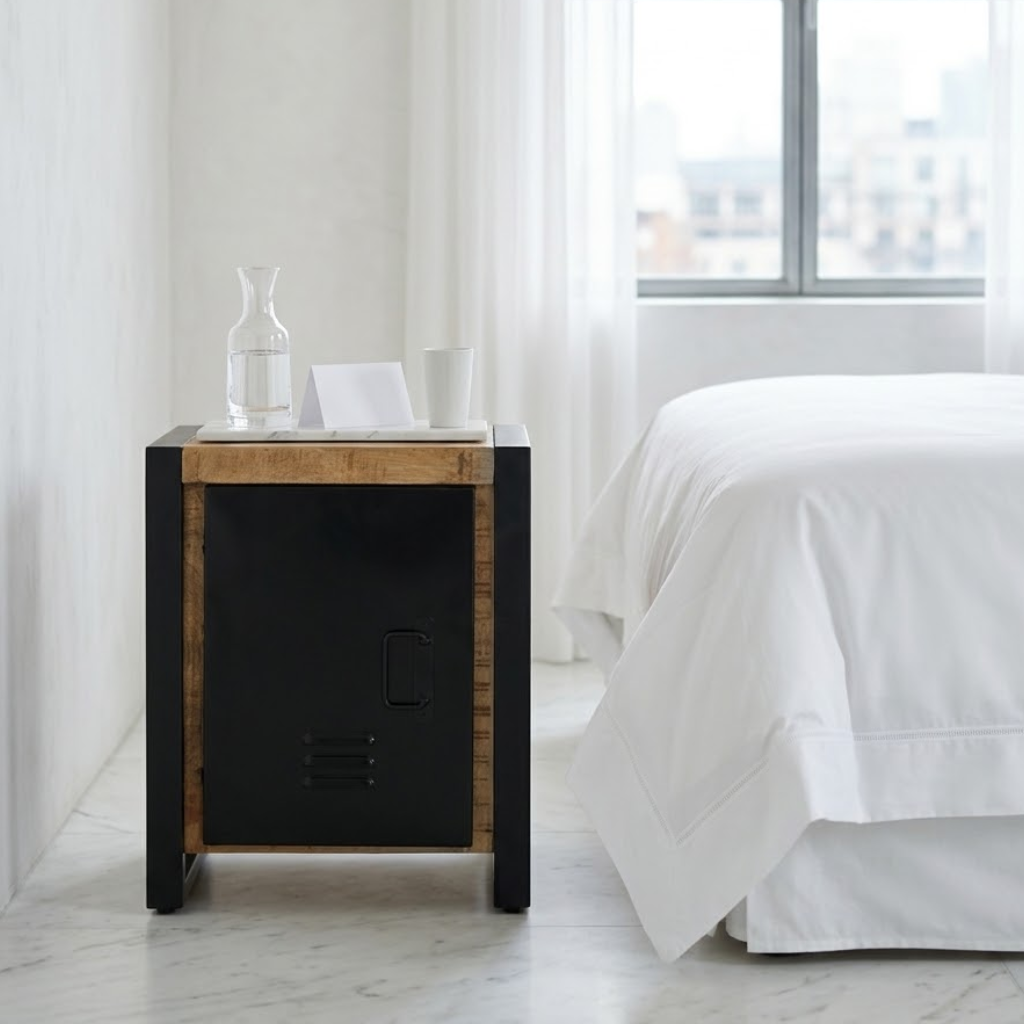 Table de chevet manguier naturel pieds fer en chambre - ambiance industrielle naturelle