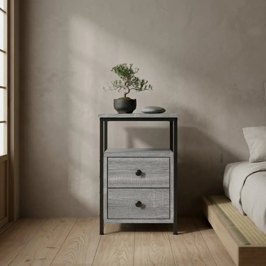 Table de chevet sonoma gris cadre fer en chambre - design minimaliste et rangement